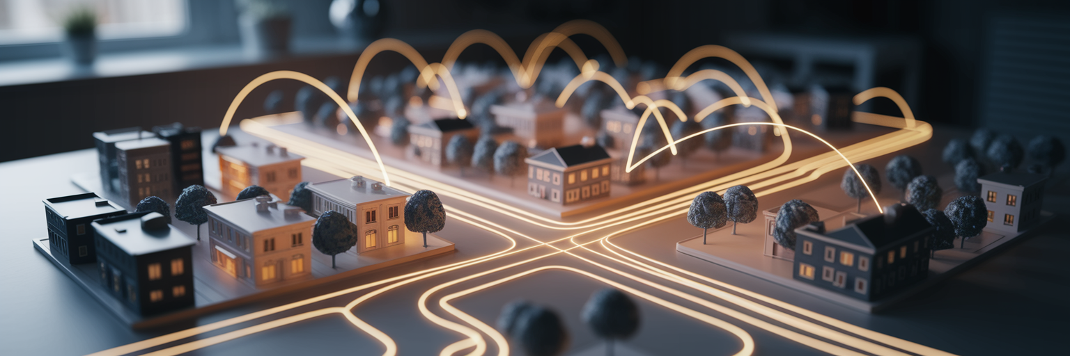 Glowing network connecting points on map