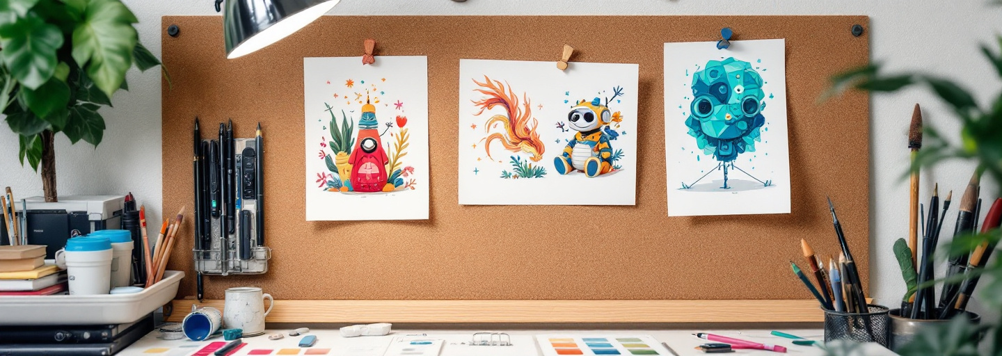 AI-generated illustrations on corkboard