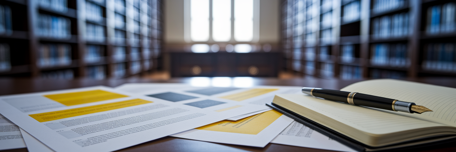 Academic papers and notebook on desk