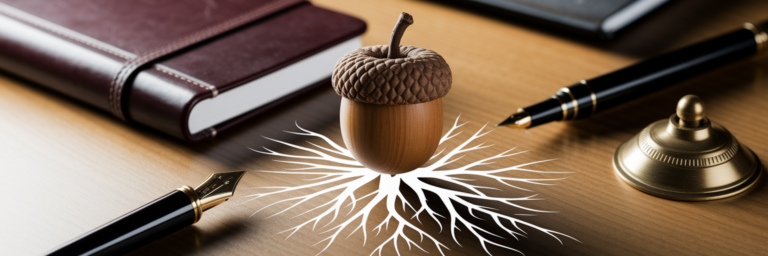 Acorn with roots connecting professional tools.
