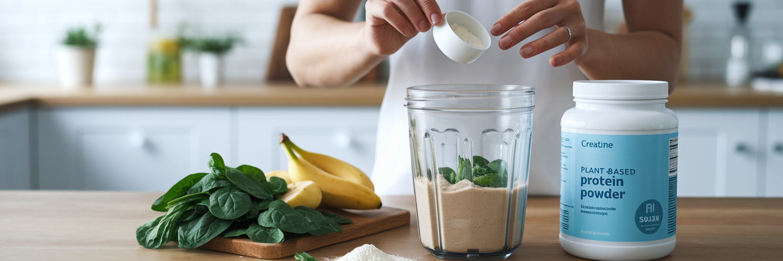 Añadiendo creatina al batido proteico vegano.
