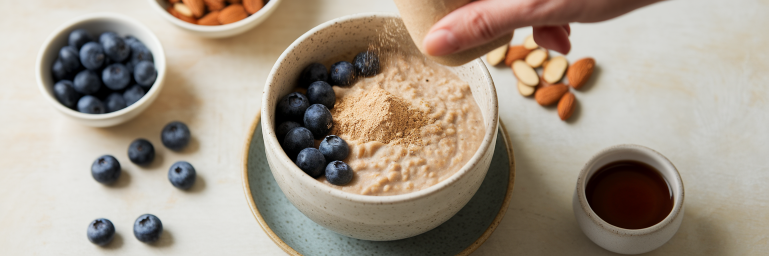 Añadir proteína vegana en polvo a la avena.
