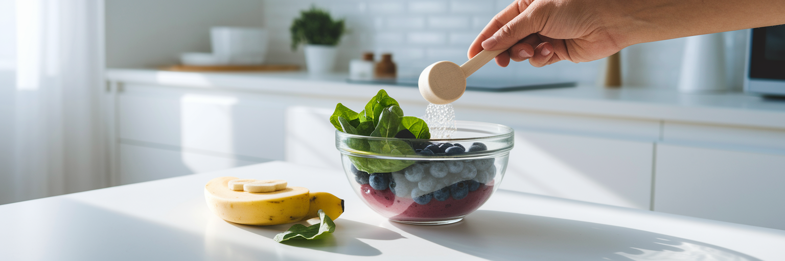 Añadiendo proteína vegana en polvo al bol de batido