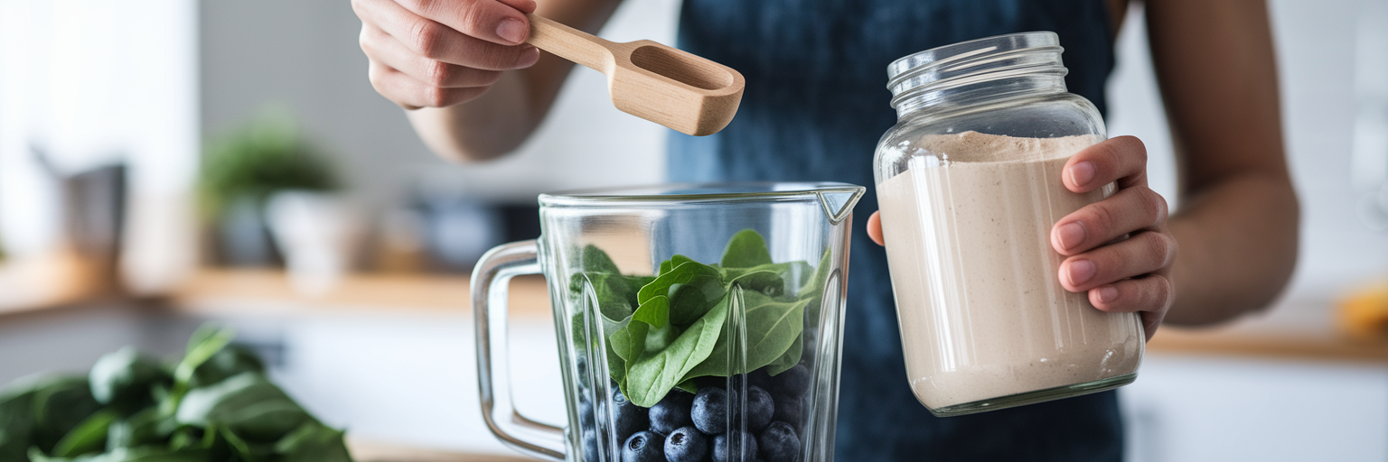 Adding vegan protein powder to smoothie.