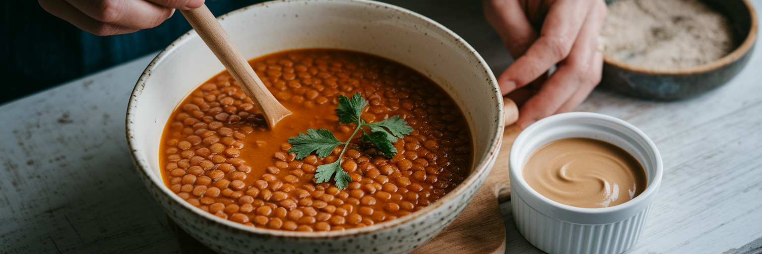 Adding vegan protein to lentil soup.