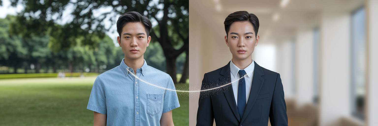 AI transforming casual photo into professional headshot.