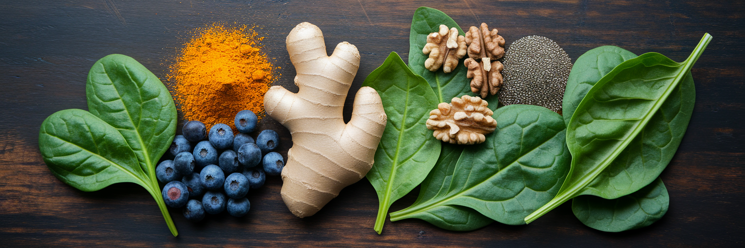 Alimentos antiinflamatorios como la cúrcuma y las bayas.