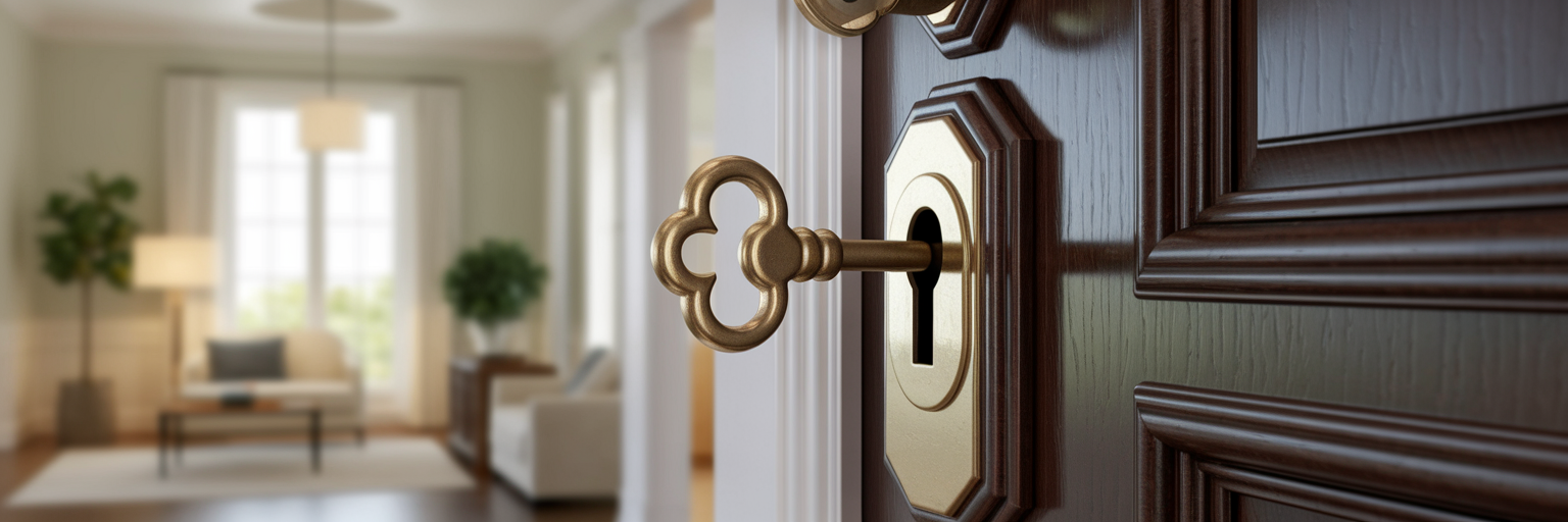Antique brass key fitting into ornate lock.