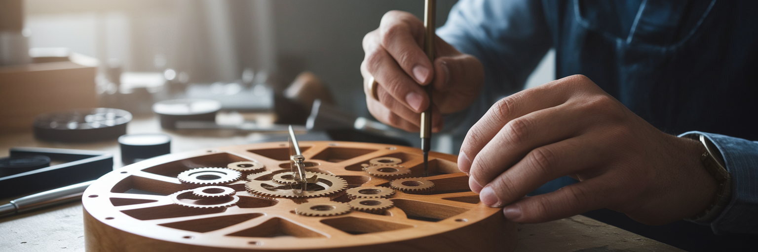 Artisan assembling a complex wooden clock.