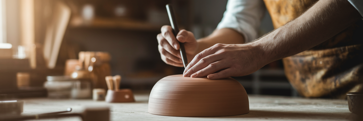 Artisan carefully finishing a product.