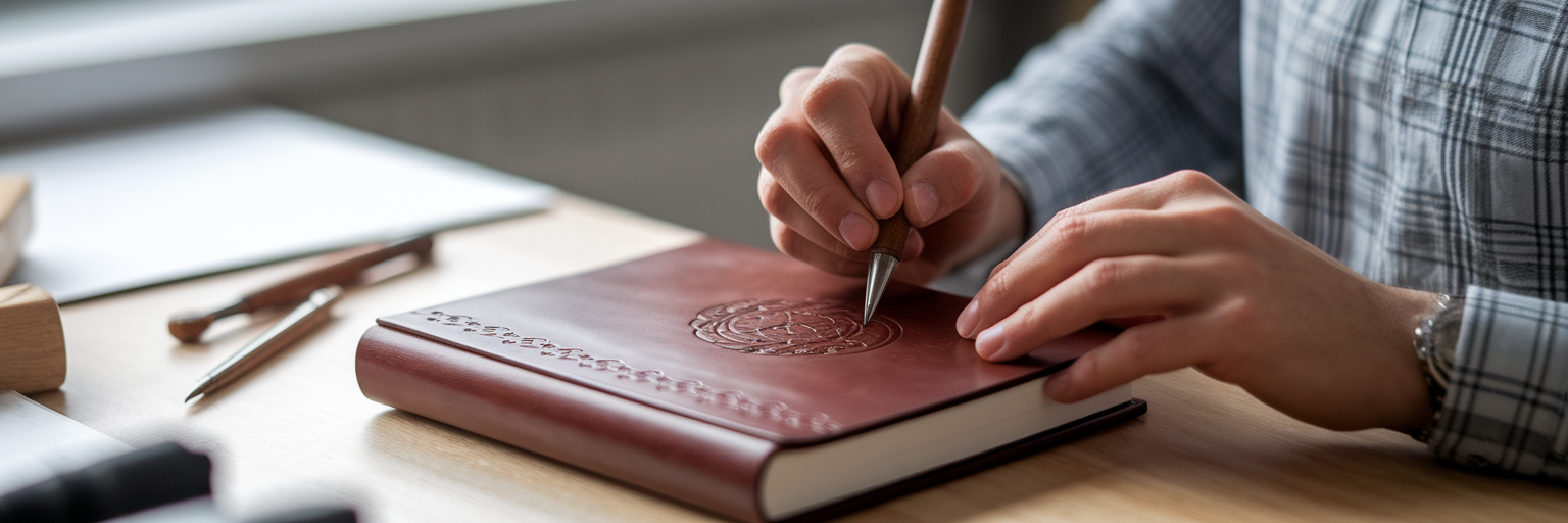 Artisan personalizing a leather journal.