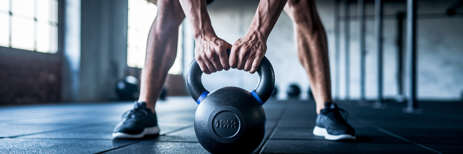 Athlete gripping a heavy kettlebell.