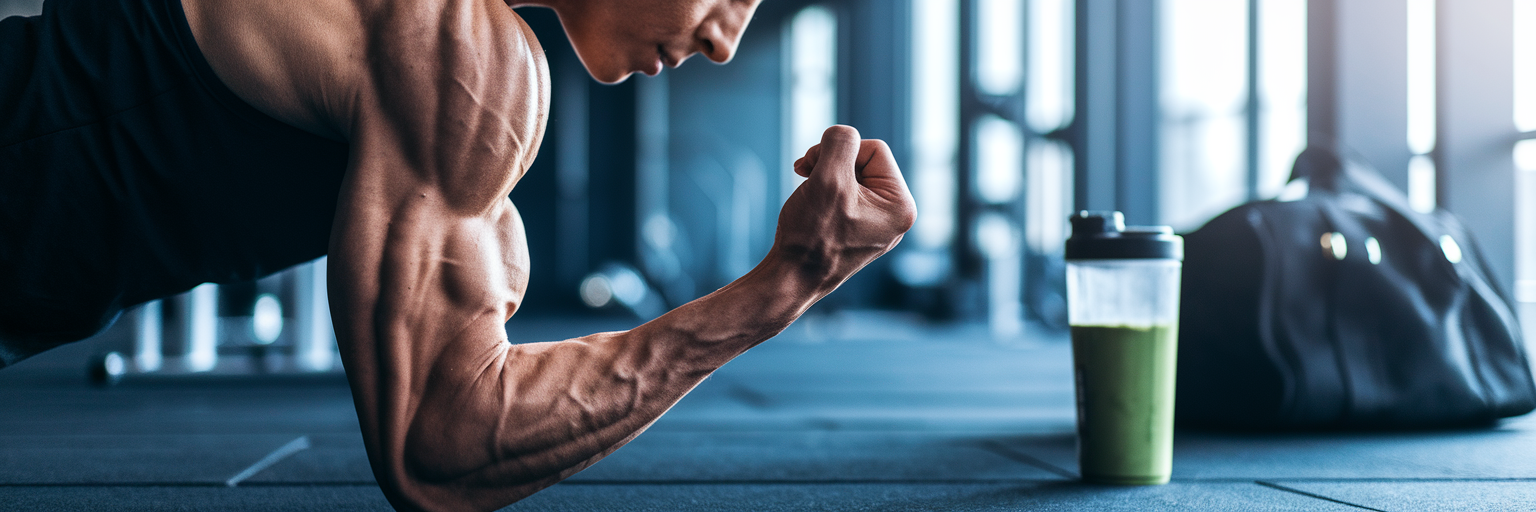 Athlete performing bicep curl in gym.