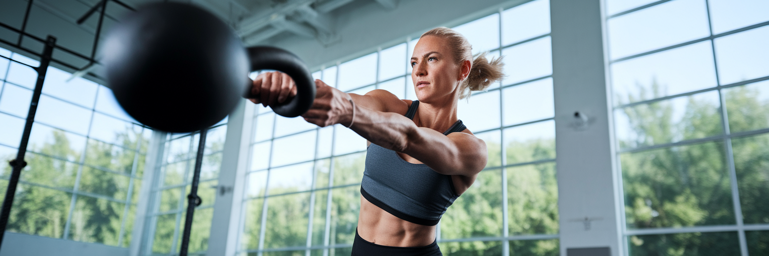 Athlete performing powerful kettlebell swing.