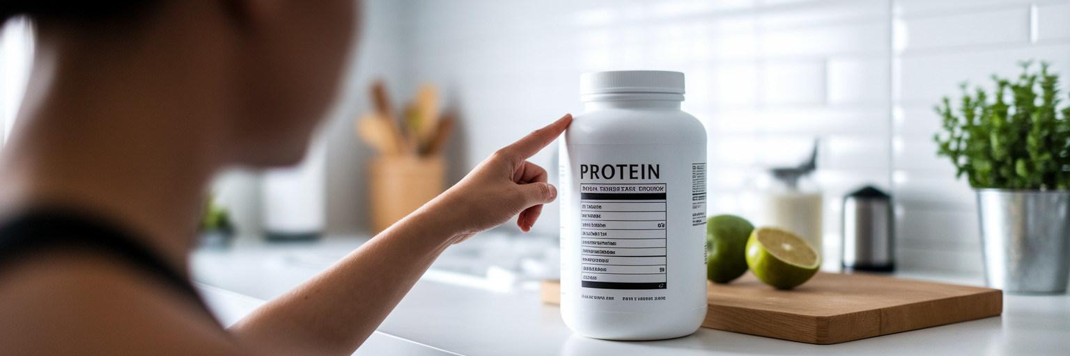 Atleta leyendo la etiqueta nutricional de un bote de proteína en polvo.