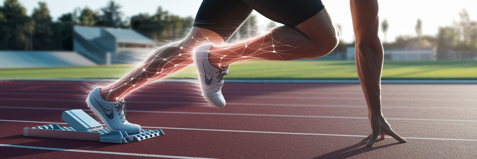 Athlete's leg muscles showing energy flow.