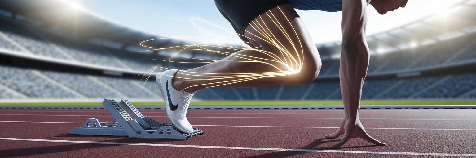 Los músculos de las piernas del atleta muestran la energía almacenada.