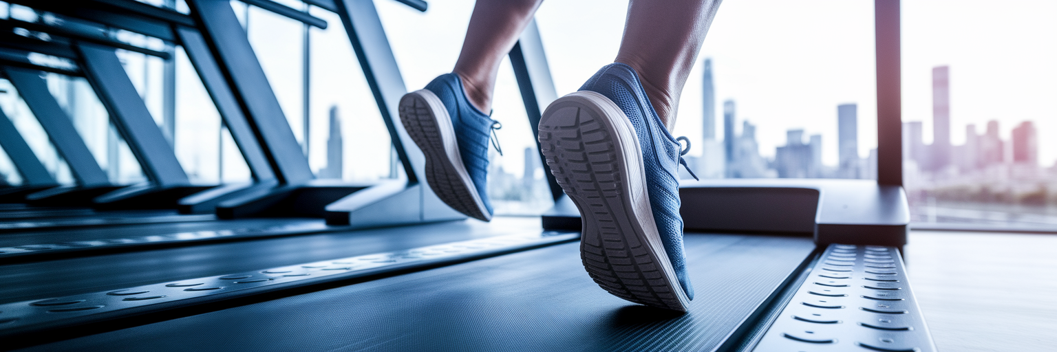 Zapatillas de atleta sobre cinta de correr durante entrenamiento HIIT.
