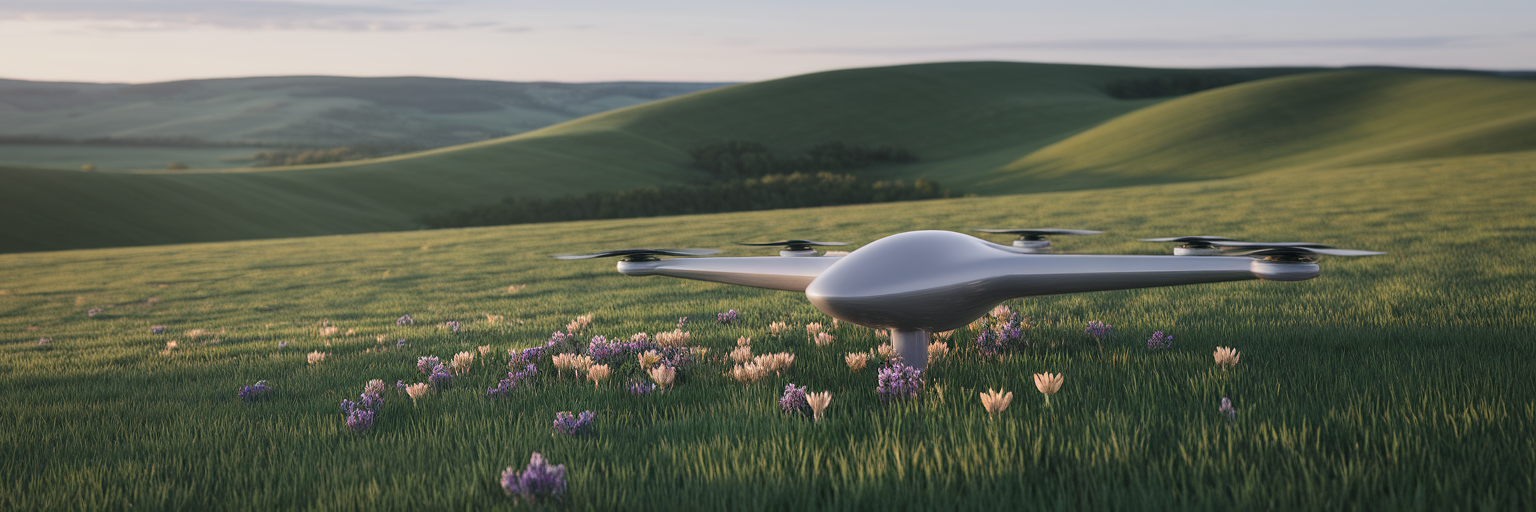 Automated drone planting wildflowers on a hill.