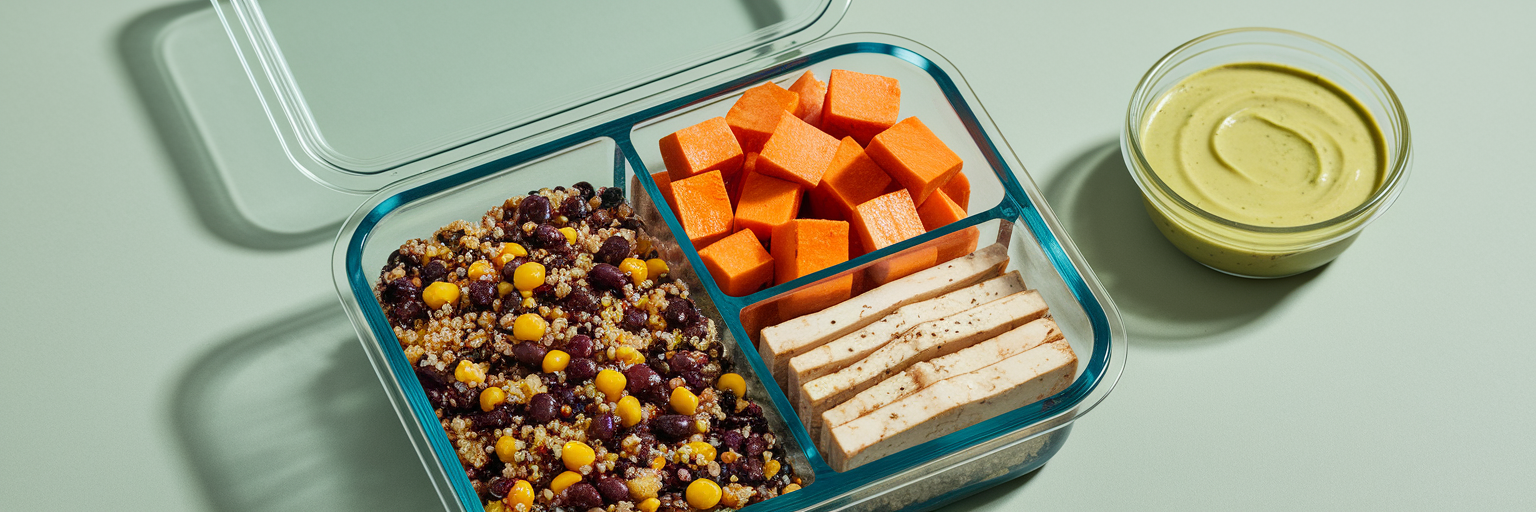 Balanced vegan meal prep container with quinoa