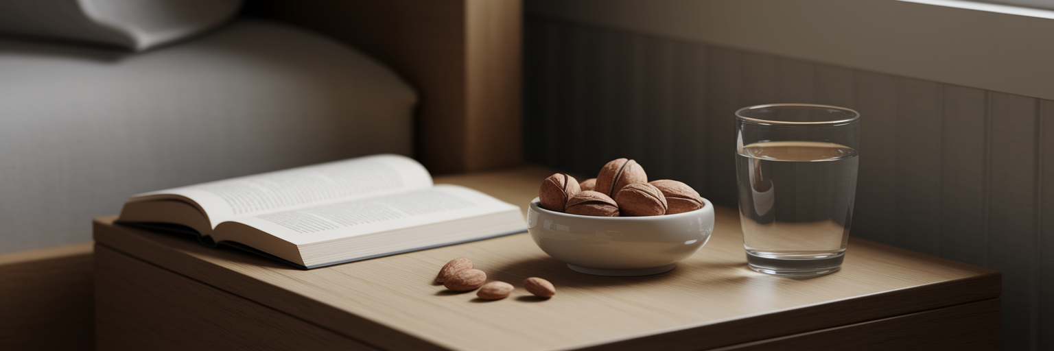 Bedside table with book and almonds.