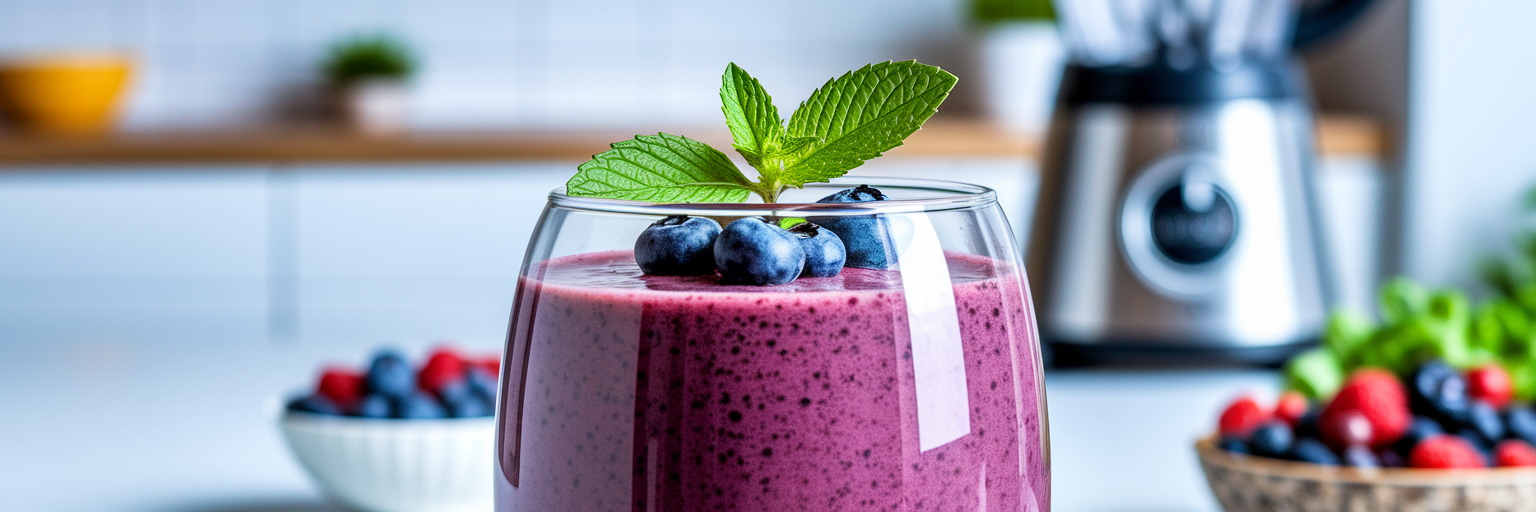 Batido vegano de proteína con explosión de frutos rojos.