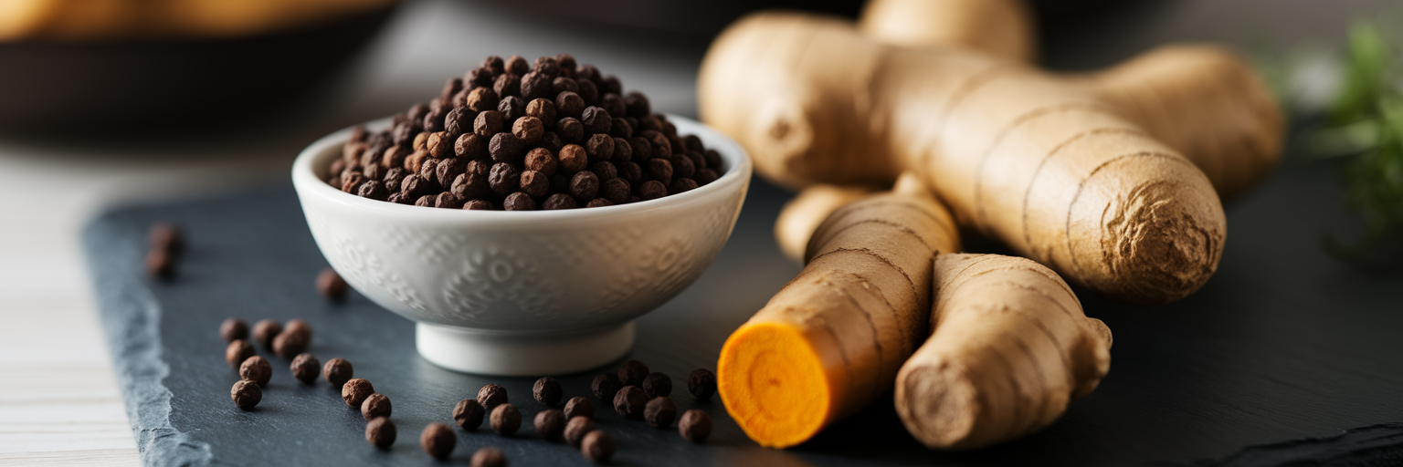 Black pepper, ginger, and turmeric spices.