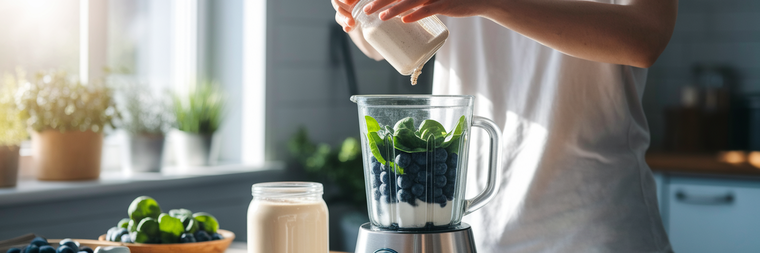 Blending a healthy vegan protein smoothie.