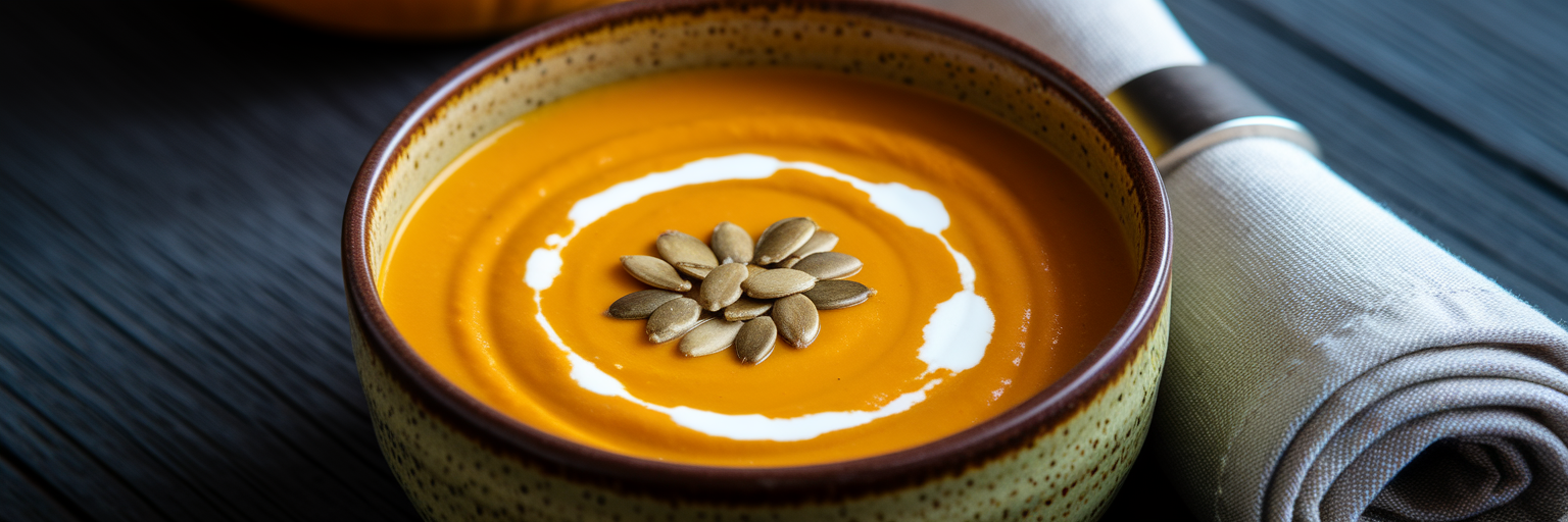 Un tazón de cremosa sopa de calabaza.