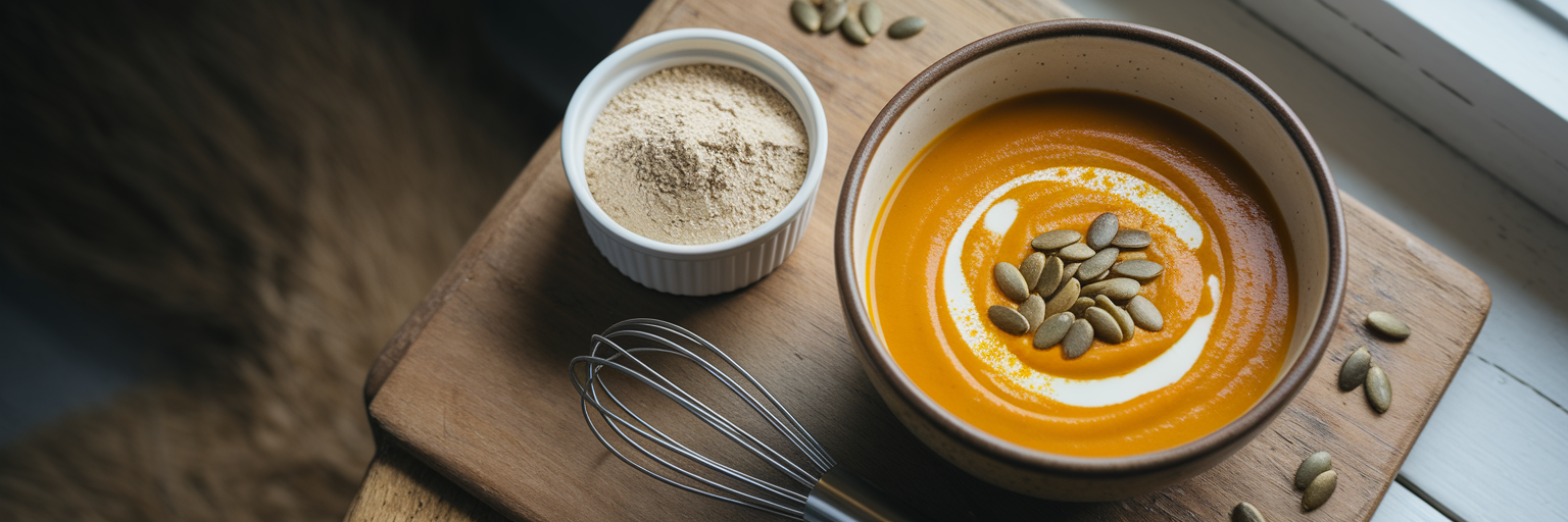 Bowl of creamy soup with protein powder nearby.