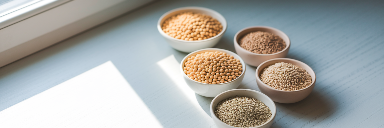 Cuencos con ingredientes de guisantes, arroz y cáñamo.