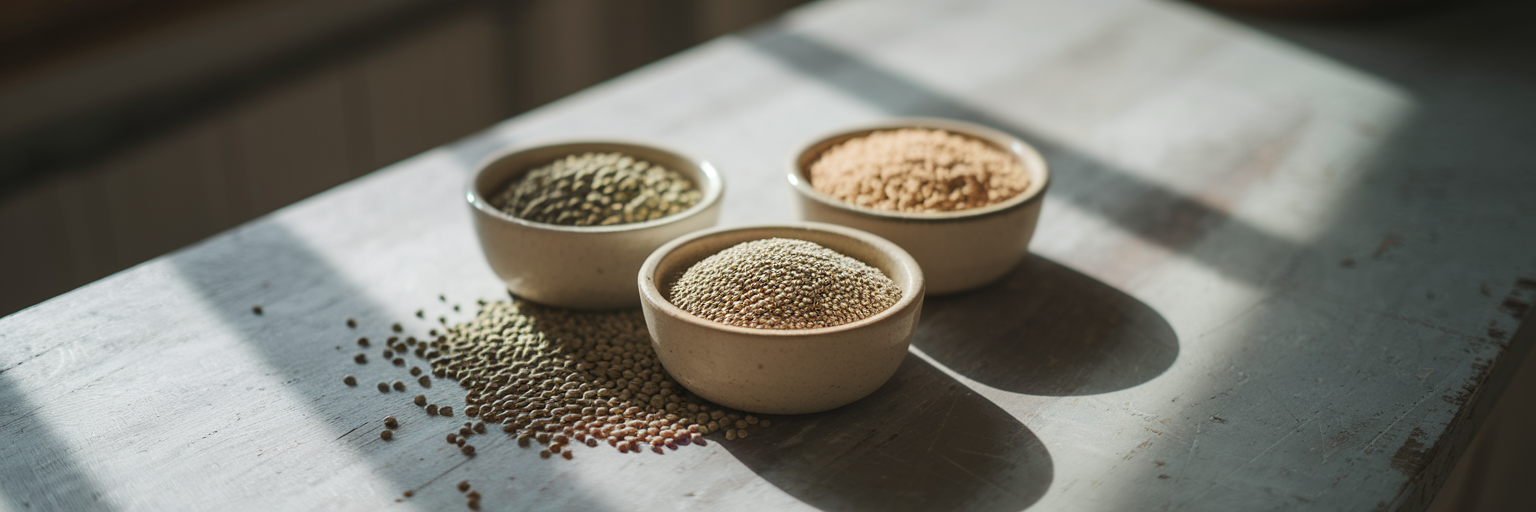 Bowls of peas rice and hemp seeds
