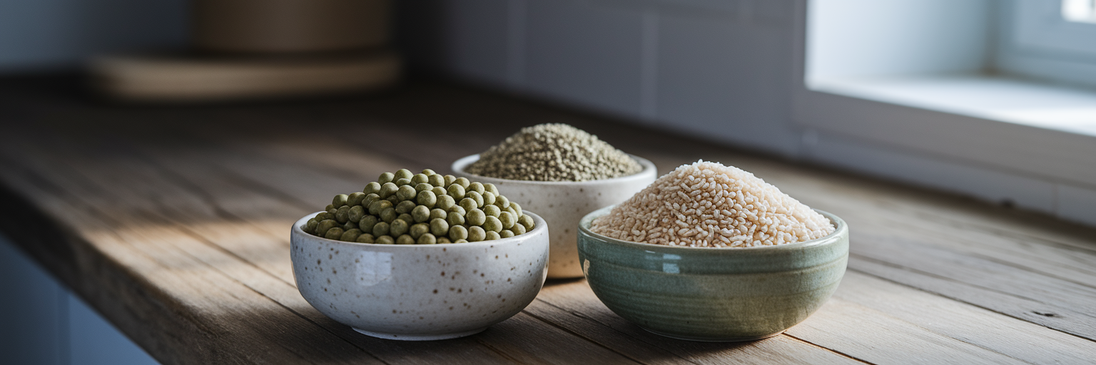 Cuencos de guisantes, arroz y semillas de cáñamo.