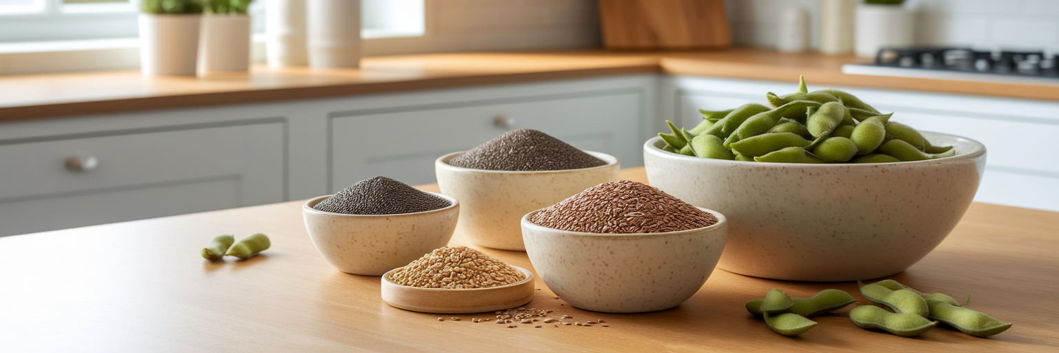 Bowls of seeds and edamame for hormonal health