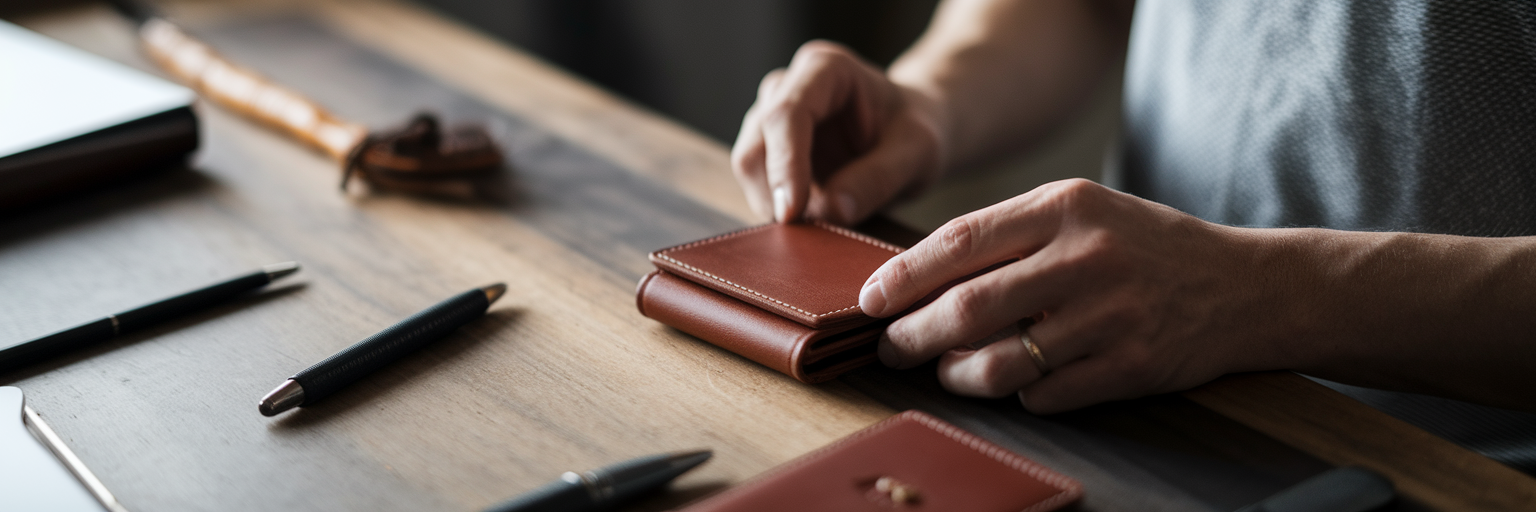 Business owner inspecting a handcrafted leather wallet.
