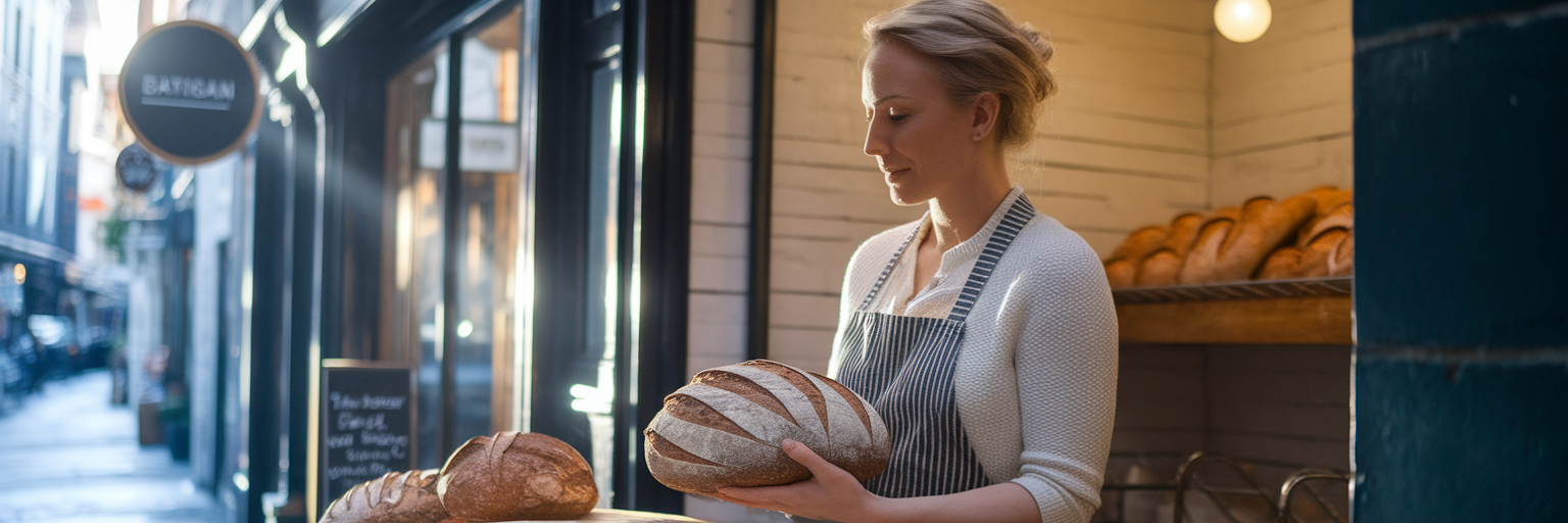 Calm bakery owner in Melbourne shop.