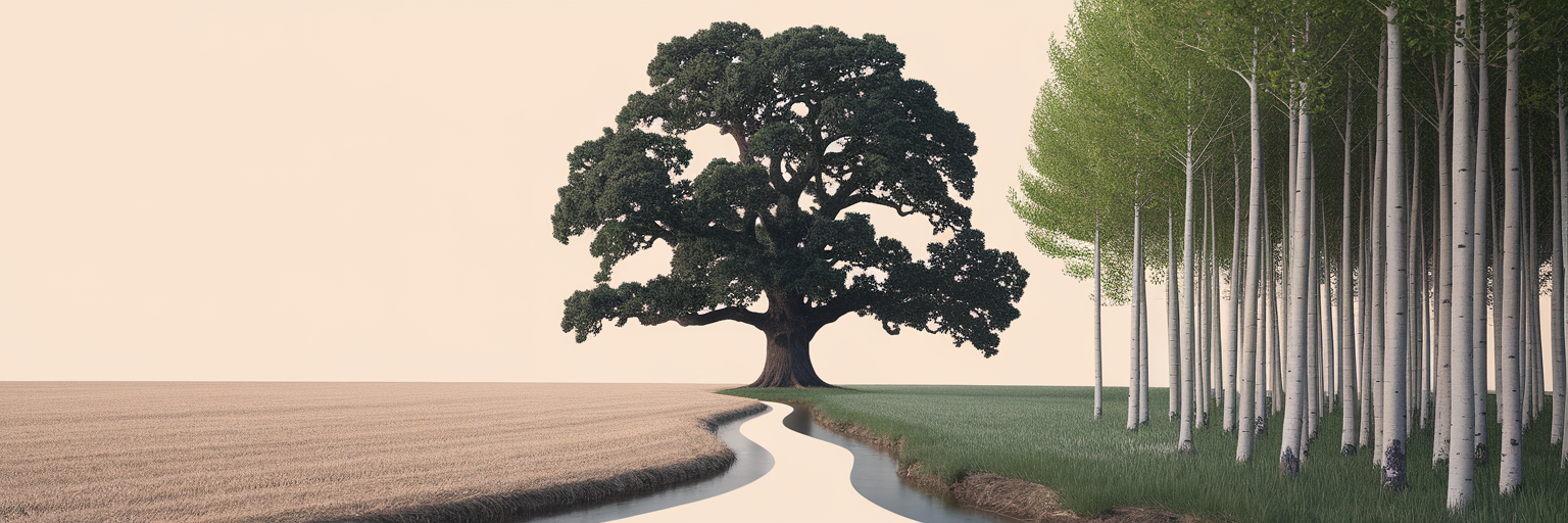 Centralized oak tree connected to decentralized grove