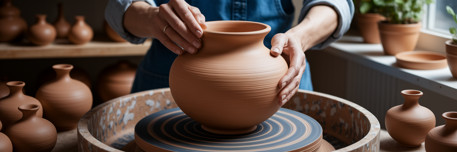 Clay pot being reshaped into smaller vases.