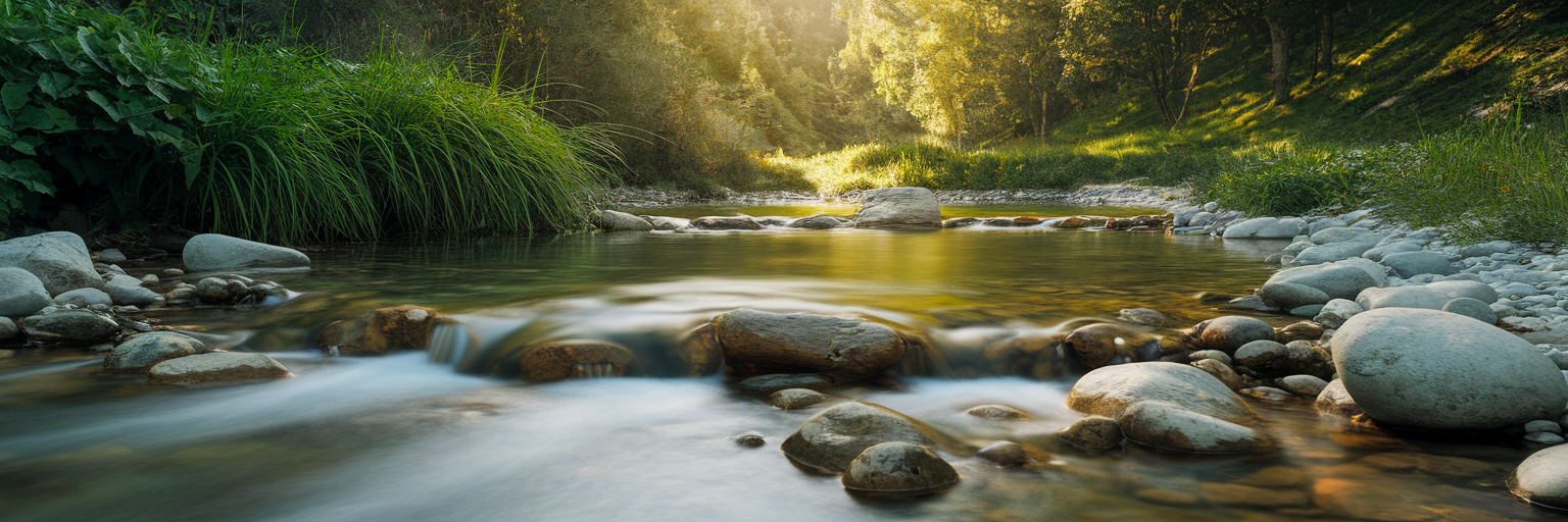 Clear stream flowing over smooth stones.