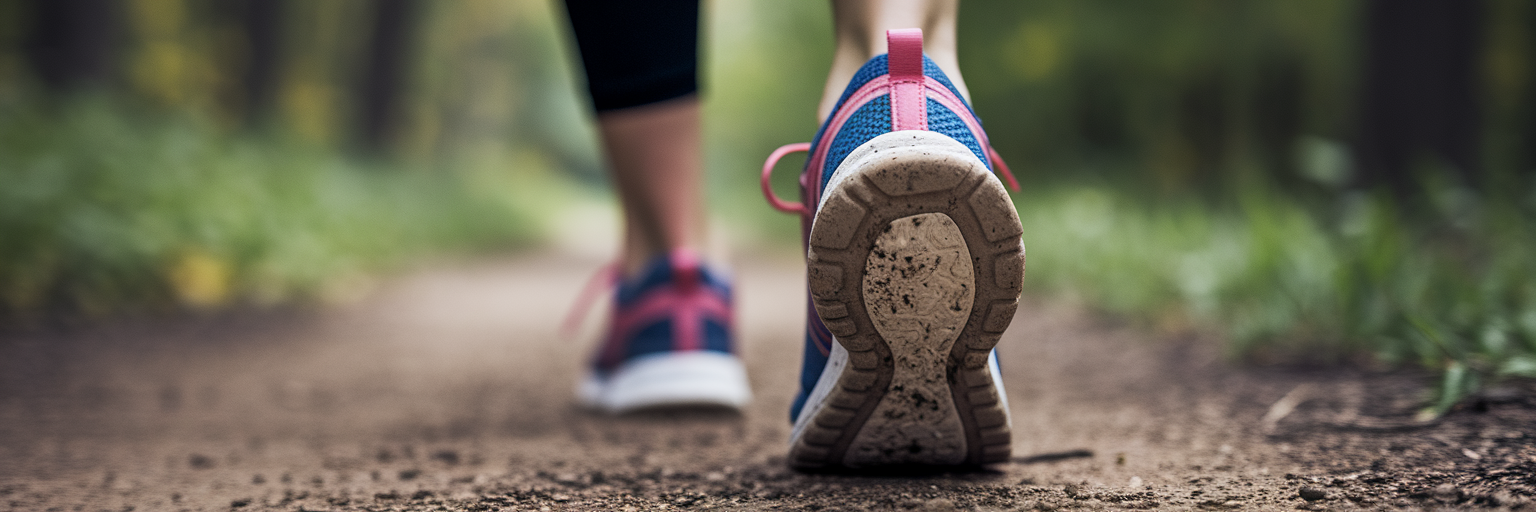 Close-up of running shoes on trail.
