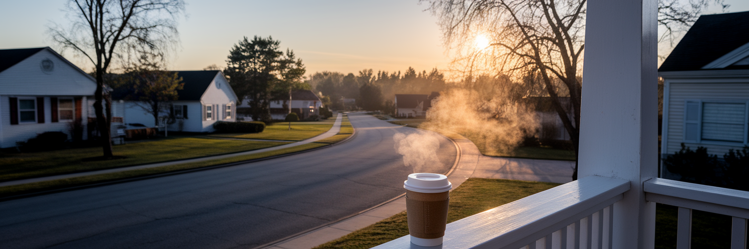 Coffee cup on porch at sunrise