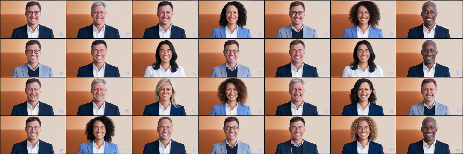 Cohesive team headshots in virtual meeting grid.