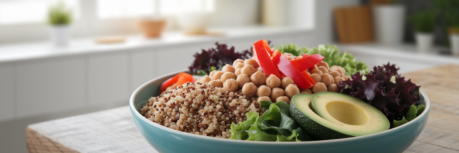 Ensalada antiinflamatoria colorida de quinoa y garbanzos.