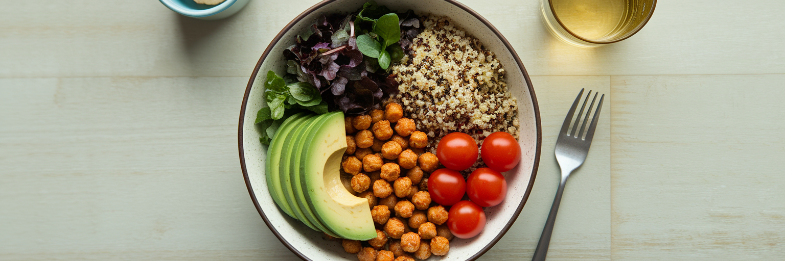 Colorful vegan quinoa protein bowl.