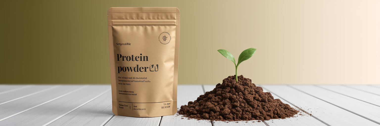 Bolsa de proteína compostable junto a un brote verde.