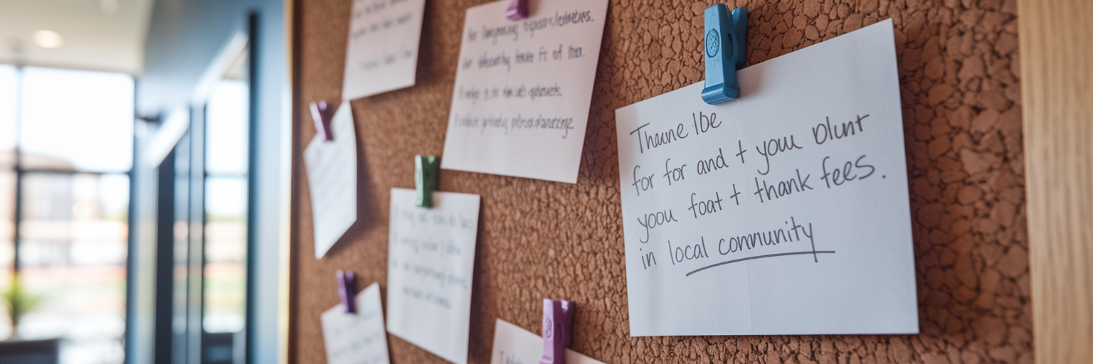 Corkboard with thank you notes and flyers.