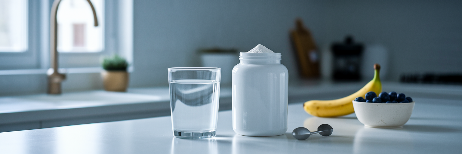 Polvo de creatina al lado de un vaso de agua.