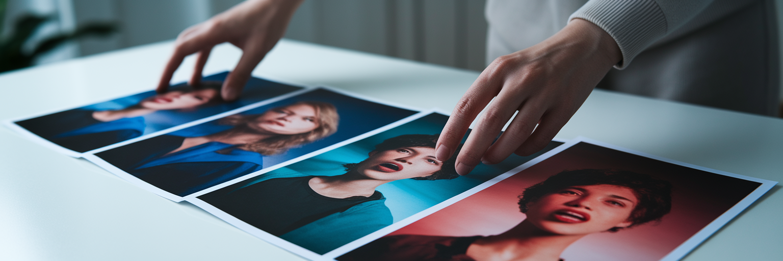 Creative process of arranging photos for a slideshow.