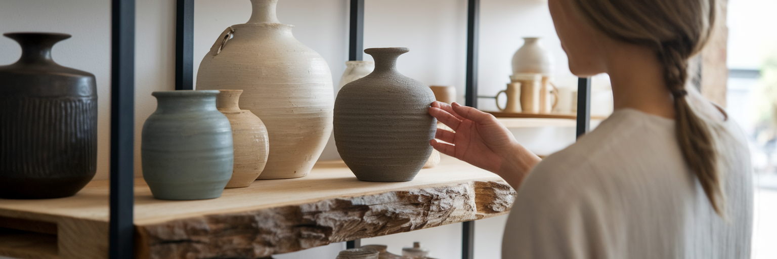 Customer examining handcrafted vase in boutique