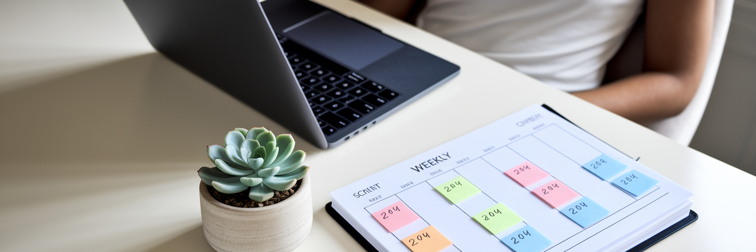 Desk with calendar for content planning.